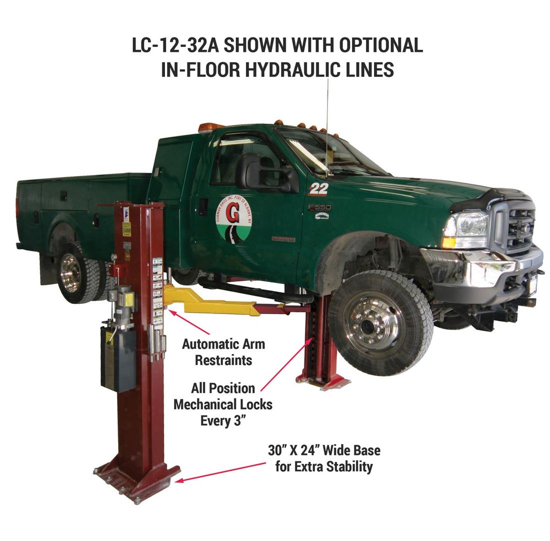 LC-12 lifting a green service truck with safety callouts